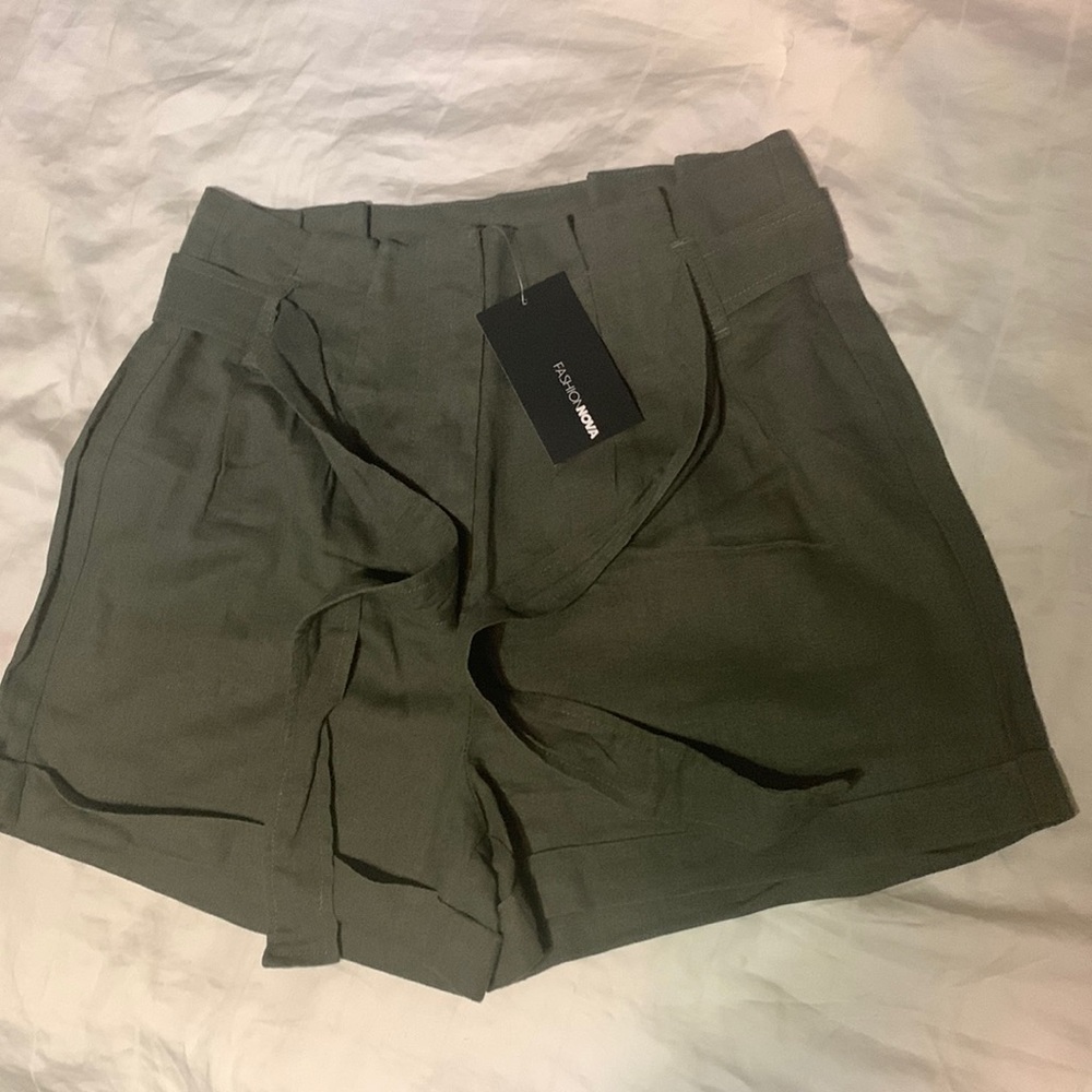 High Waisted Olive Green Linen Shorts